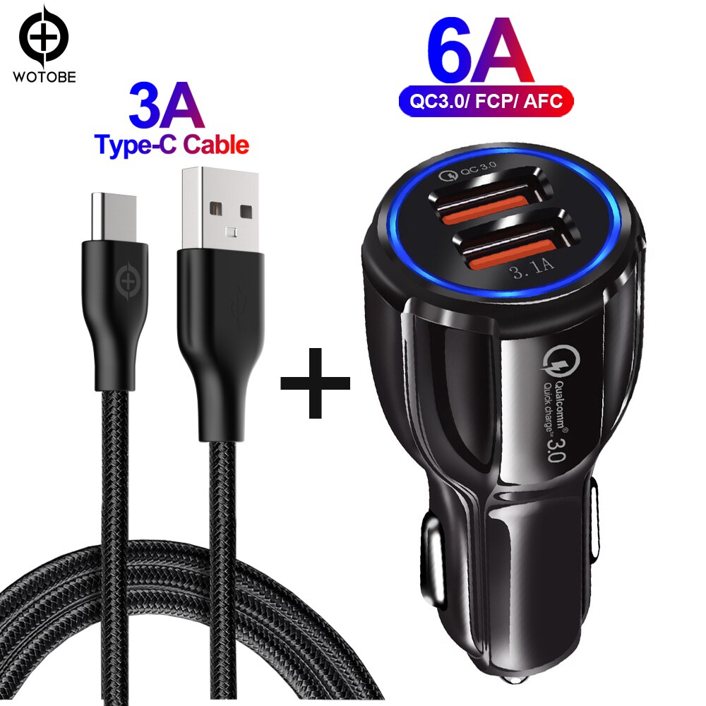 30W QC3.0 Autolader, snel Opladen 3.0 Mobiele Telefoon Oplader 2 Poort Voor Iphone/Ipad Samsung Huawei Xiaomi Rapid Auto En 3A Kabel: black and 3A cable