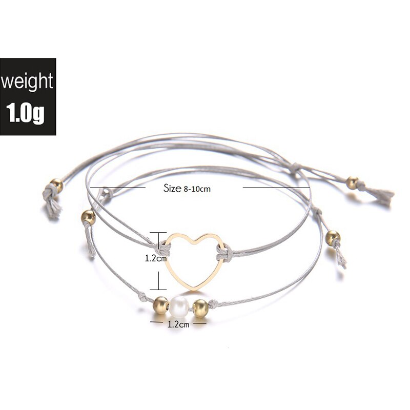 Bracciale regolabile con perle a cuore semplice da 2 pz/set da donna bracciale in pelle intrecciata con perline nero grigio