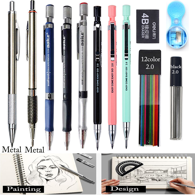 Lápiz mecánico retráctil de Metal/plástico, bolígrafo de 2mm de recambio 2B para la escuela de dibujo de bocetos, color negro, 2,0