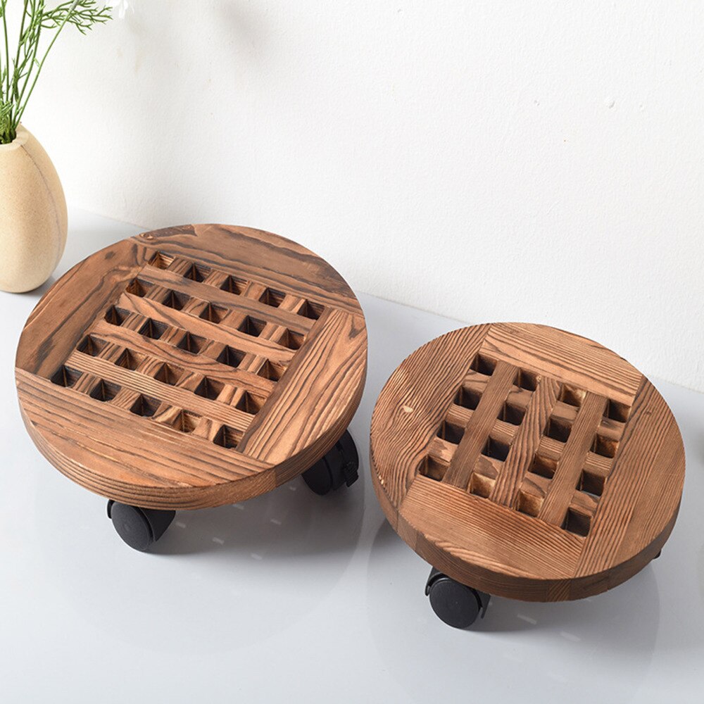 Pot Receptacle Tray Flower Stand Mobile With Wheels Round Gardening Garden Tool Rolling Wooden Planter
