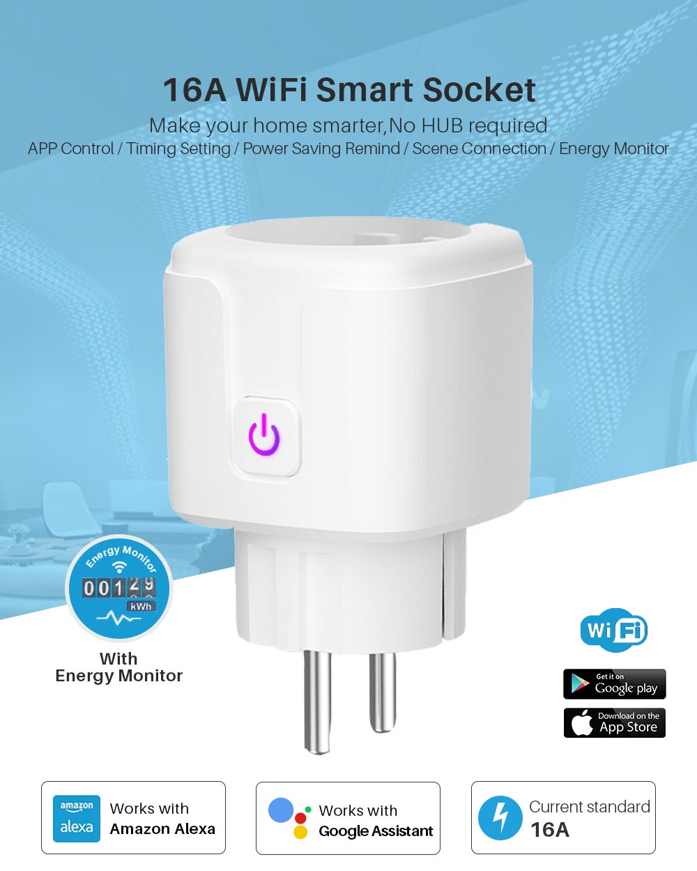 16A EU Smart Wifi Power Plug with Power Monitor Smart Home Wifi Wireless Socket Outlet Works with Alexa Google Home Tuya App
