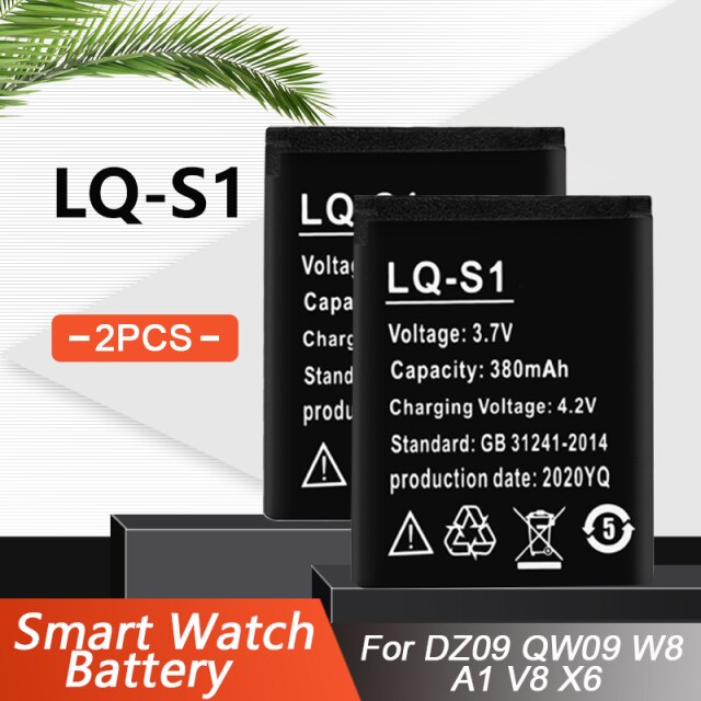 Batería de litio recargable para reloj inteligente, pila de LQ-S1 de 3,7 V y 380mAh para AB-S1 DJ-09 DZ09 GJD HKS-S1 FYM-M9 QW09 W8S: 2PCS