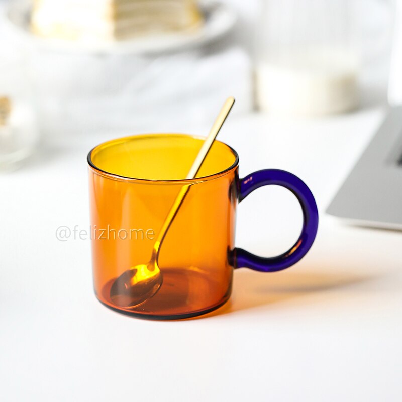 contrast color heat-resistant glass mug hanging ear coffee cup office household water cup high temperature resistance: Amber cup with Spoon