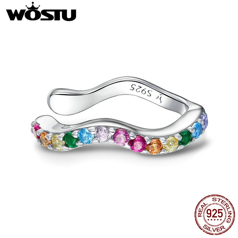 Wostu Regenboog Oorbellen Clip 925 Sterling Zilveren Regenboog Kleur Zirkoon Wave Vrouwen Clip Oorbellen Vrouwen 925 Zilveren Sieraden CQE894