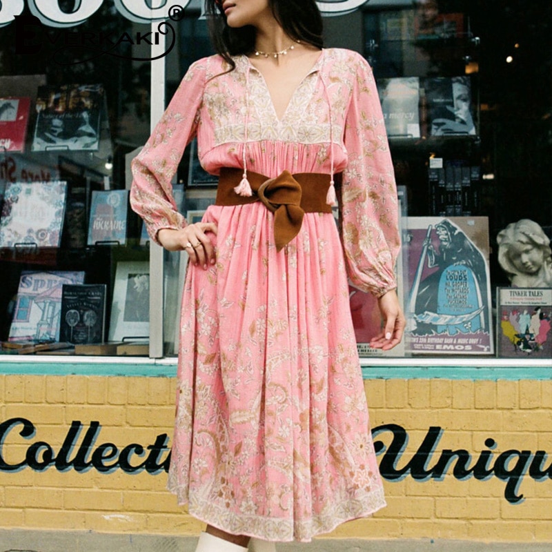 Everkaki, vestido largo bohemio con estampado Floral para mujer, Vestidos étnicos de verano para mujer, Maxi Vestidos sueltos, Casual para mujer, primavera ,