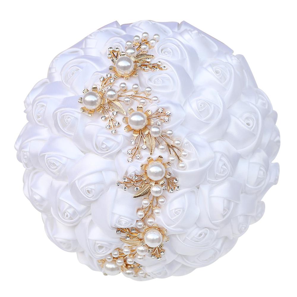16styles white wedding bride holding flowers artificial bouquet ribbon rhinestone pearl bouquet decoration bride groom dance: Style 4