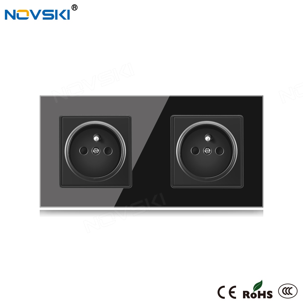 Novski Eu Franse Muur Kristal Glas Zwart Paneel Stopcontact 2 Frame 86*172 Mm, ingebouwde Led Voor Usb Charger