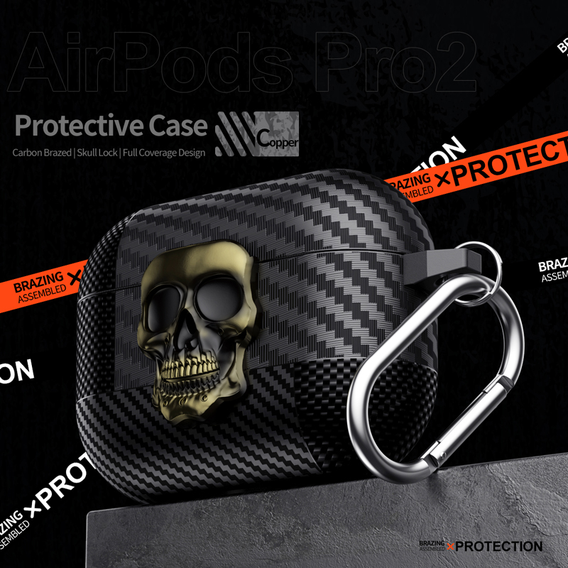 Pak Thug Skull Series Hoofdtelefoonhoes voor Airpods 4 Magnetische hoofdtelefoonhoes voor Airpods Pro 2 3 2 1 Koolstofvezelhoes met haak: 3XS / Koper