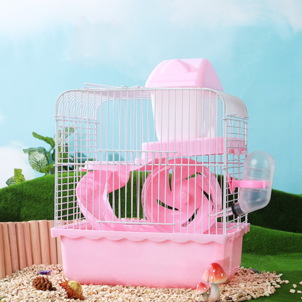 Ventilation Hamster Double-storey Villa Removable with Handle Pet Castle Cage Feeding Bottle with Running Wheel: Scarlet