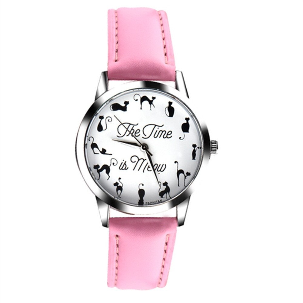 Kvinder ure kat piger ure dame ur læder armbånd ur dame dyremønster quartz håndled vandtæt: Lyserød