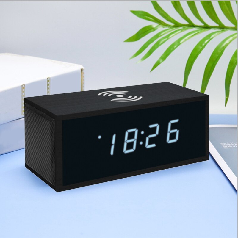 Wooden Alarm Clock with Bluetooth Speaker LED Digital Clock Wireless Charging Mobile Phone Wooden Thermometer Clock