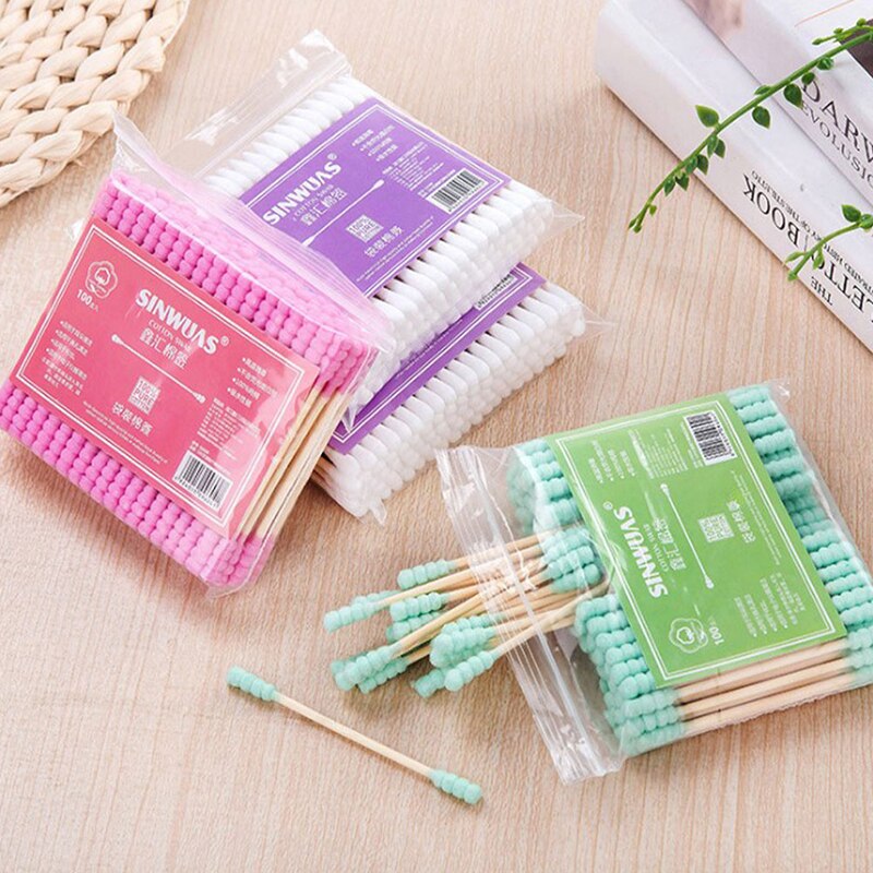 100 stuks/pak wattenstaafjes met dubbele kop voor vrouwen make-up, wattenstaafjes, houten stokjes, neus- en oorreinigingshulpmiddelen voor de gezondheidszorg