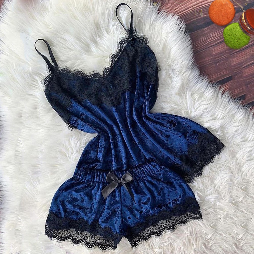 Sommarpyjamas kvinnor sammet rosett sovplagg ärmlös rem nattplagg spetskant cami topp pyjamas set femme sexiga underkläder