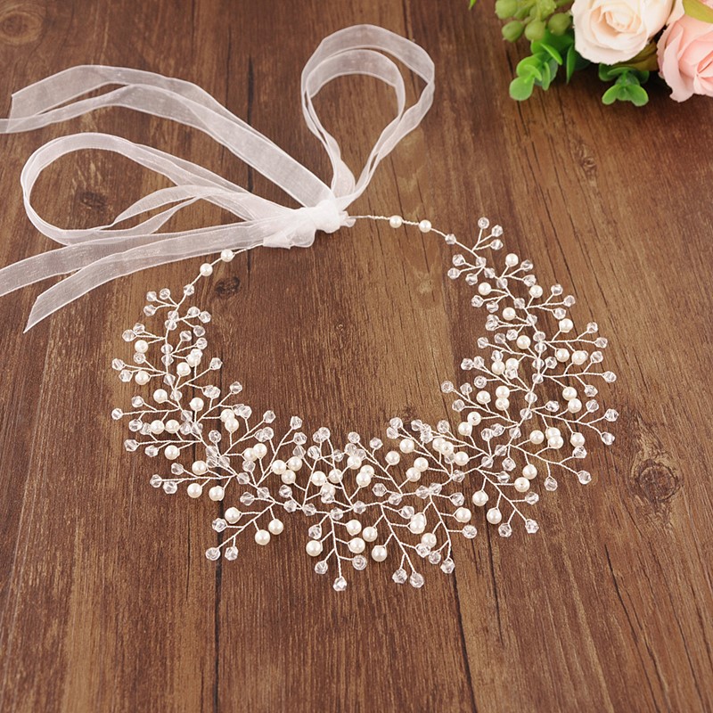 Trixy H55-s Steentjes Wedding Hoofdband Bruid Strass Kralen Haarspelden Bruids Hoofddeksel Bruiloft Haar Sieraden Accessoires: off white organza