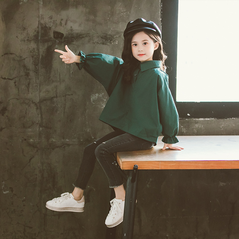 Blusa de Irregular suelto para niña, camisa de 10 a 12 años, Atuendo para primavera y otoño: Verde / 14