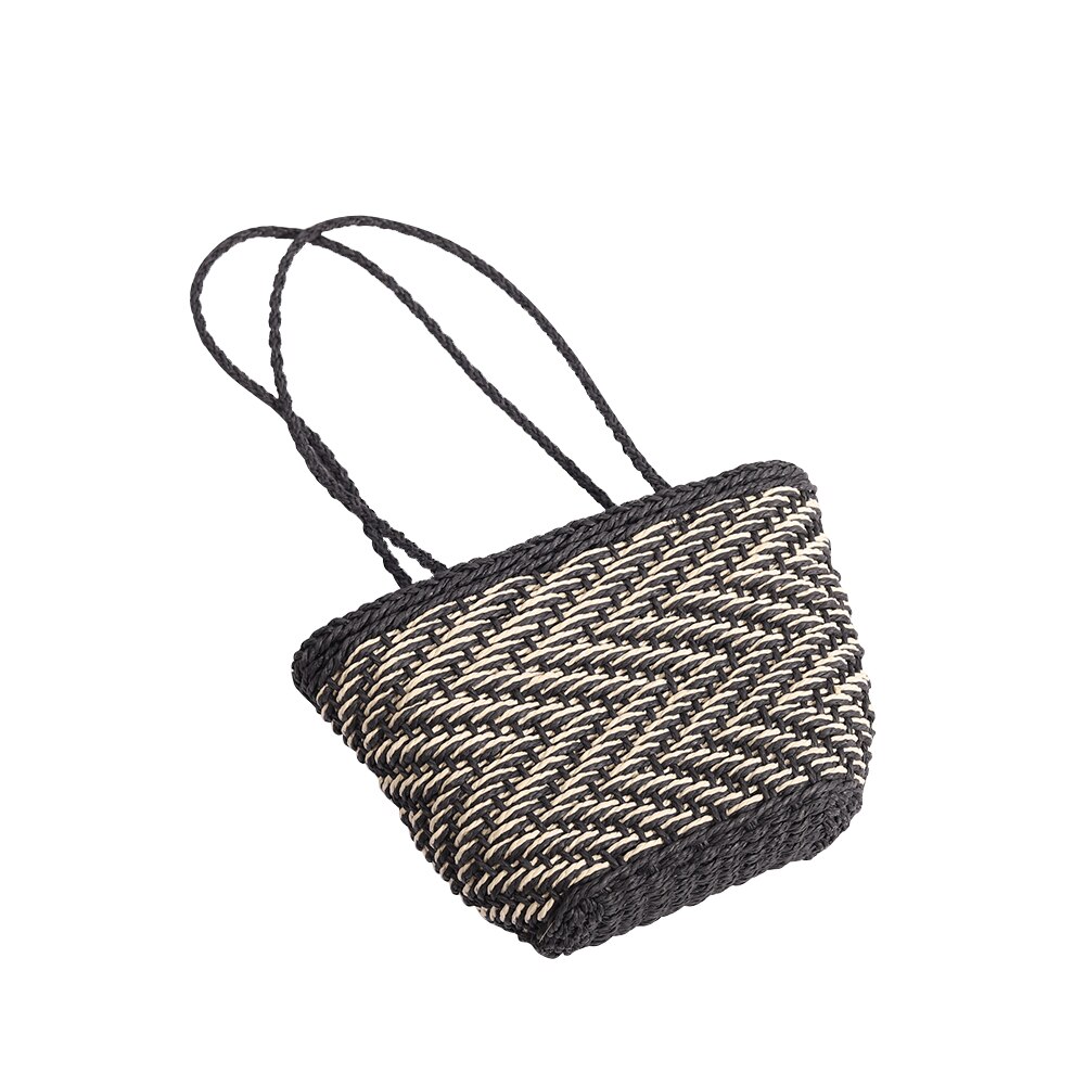 Vintage Straw Shoulder Weaving Bucket Beach Bag Women Woven Rattan Small Beach Summer Bucket Totes Handbags: Black