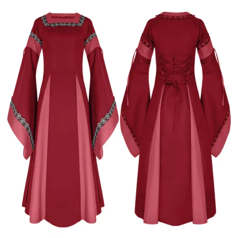 Robe de longitud inferior retro à manches trompent pour femmes, bata medieval renacentista, garniture en dentelle, bata irlandia
