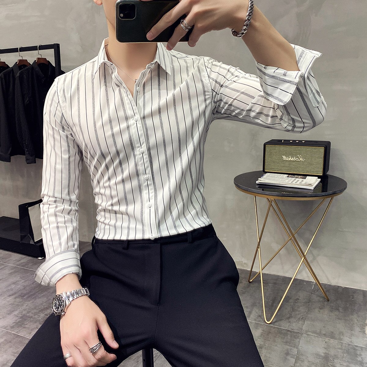 automne chemises hommes robe rayure verticale Streetwear mince hommes Chemise d'affaires décontracté à manches longues Chemise Homme smoking Chemise: WHITE / Korea 2XL 67-73kg