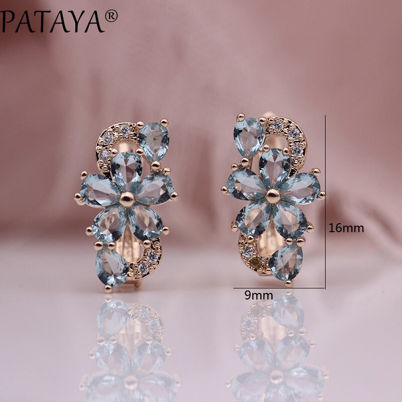 PATAYA Water Pruimenbloesem Dangle Oorbellen Vrouwen Mode Trendy Sieraden 585 Rose Goud Bloemblaadje Natuurlijke Zirkoon Blauw Oorbellen