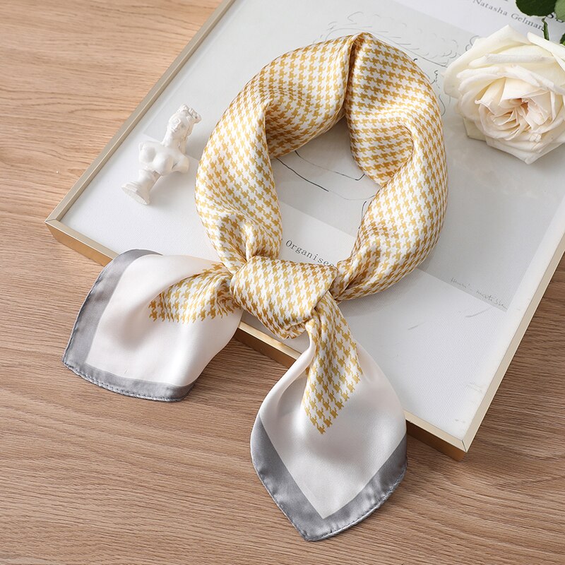 Fular chales envolturas de cuello señora seda banda de pelo cuadrado Pashmina Bandana mujeres suave cuello bufandas pañuelo diadema corbata: FJ298-Yellow