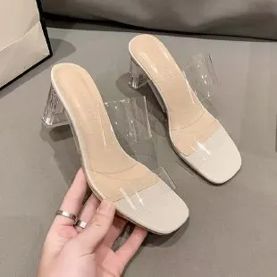 Sommerpumps sandaler til kvinder med åben tå og høje hæle til kvinder med gennemsigtige plexiglass-tøfler.: Himmelblå / 35