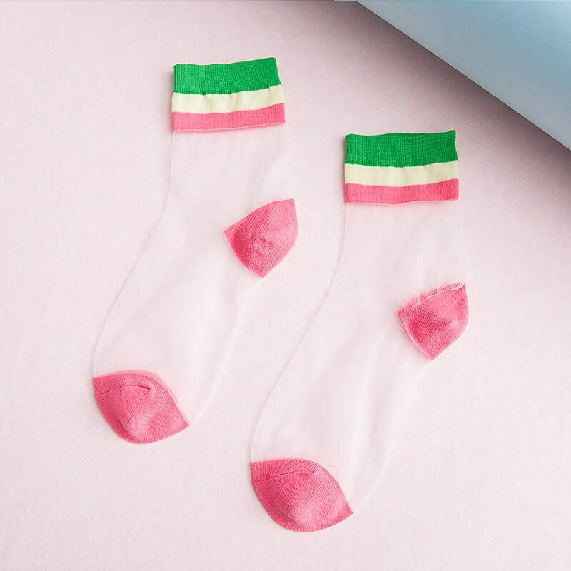 rainbow stripe Transparent Silk Socks Women Ultra-thin spring summer socks style Japan Glass fiber Invisible socks: 3