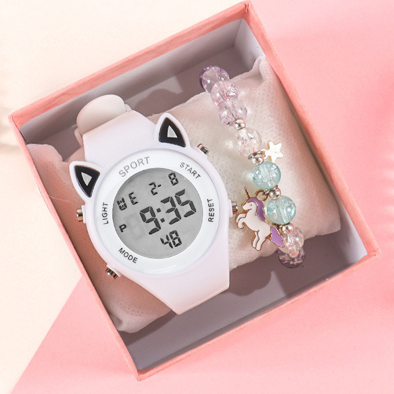 【Reloj + pulsera】Conjunto de pulsera electrónica de unicornio deportivo multifuncional de silicona con oreja de gato para niños: Dark Brown