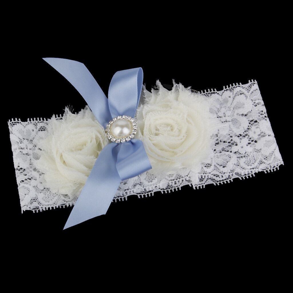 Crystal & Blue Bow Flower White Elastic Lace Weddi... – Grandado