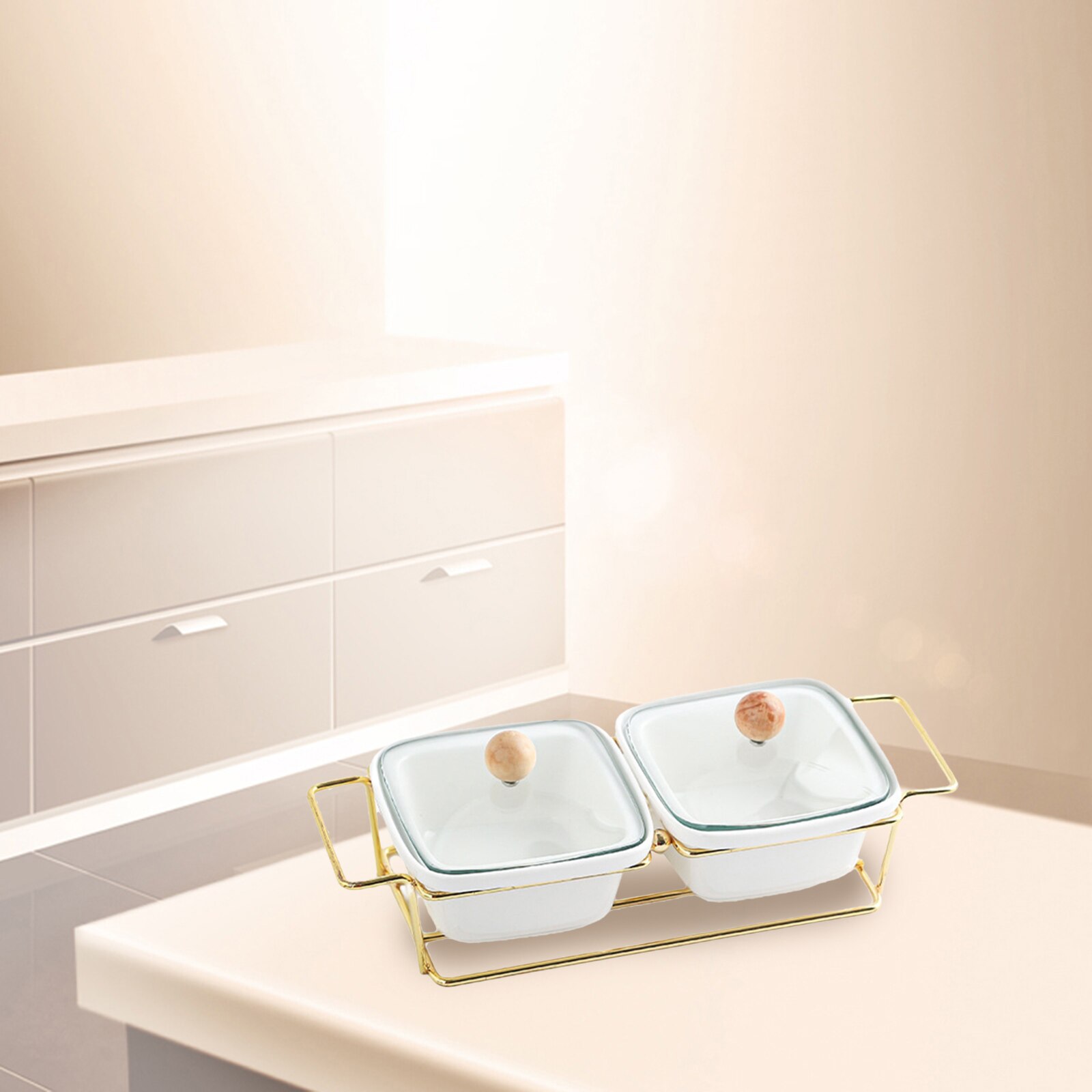 Ceramic Snacks Platter Glass Lid Moisture-proof Serving Bowl Divided Metal Rack for Nuts Candy Desserts: 2 grid white