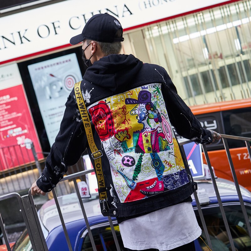 Mænd streetwear graffiti applikationer trykt jeans jakke hipster huller løs hip hop motorcykel bomuld sort afslappet denim jakker