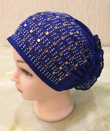 H021 chapeaux musulmans de avec strass, écharpe islamique avec fleur au dos, hijab: royal blue