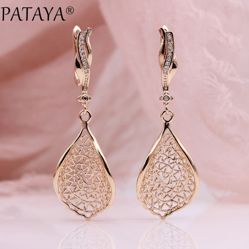 Pataya trendy 585 rosaguld hvidguld naturlige zirkoner lange øreringe kvinder bryllup hule uregelmæssige bølge øreringe smykker
