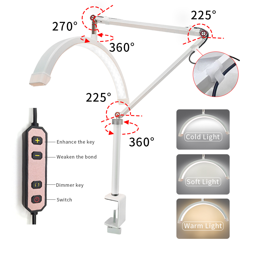 Halve maanlicht 16 inch wimperlicht met telefoonhouder LED-bureaulamp met klem dimbaar 3 lichtmodi Lash Tech licht voor nagel