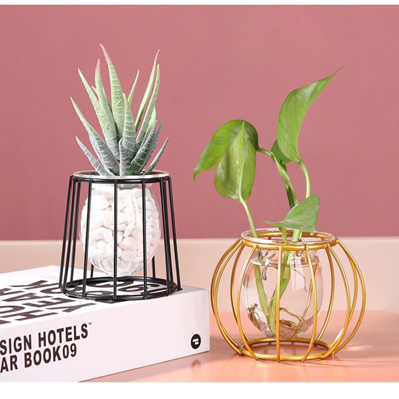 Terrario florero de vidrio dorado nórdico, florero de línea de hierro geométrico hidropónico para plantas, soporte de Metal para plantas, decoración moderna para el hogar
