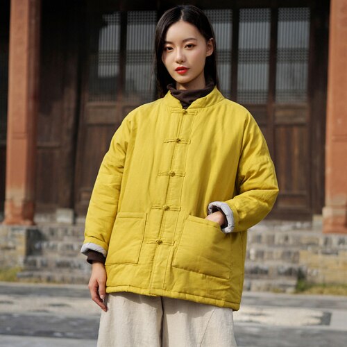 Costume Tang de Style chinois traditionnel pour femmes, hauts amples rétro Hanfu en coton et lin Zen Tea Coat vestes vêtements de orientale: Yellow / M