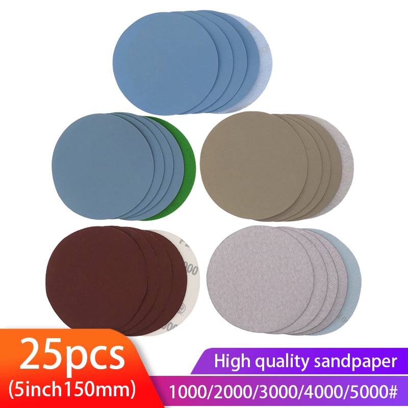 25PCS 5 Inch Dry &amp; Wet Sandpaper Round Sanding Discs Grit 1000/2000/3000/4000/5000 Hook Loop Polishing Sand Sheets
