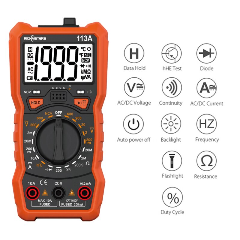 RICHMETERS RM113D NCV Digital Multimeter 6000 counts Auto Ranging AC/DC voltage meter Flash light Back light Large Screen 113A/D