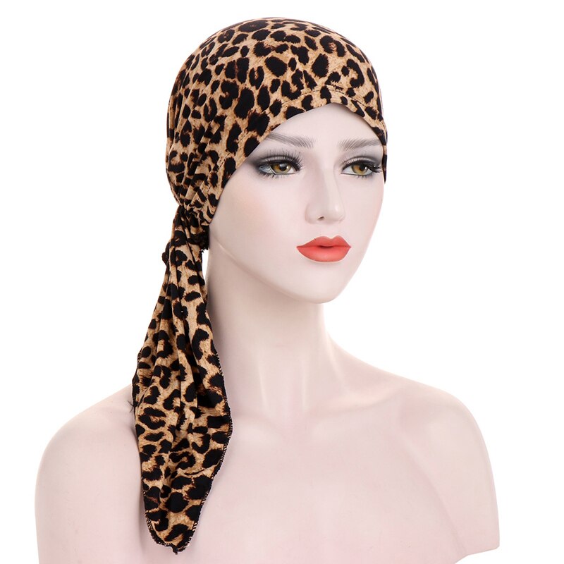 Kvinners muslimske hijab kreft chemo blomst utskrift lue turban lokk dekke hårtap hodeskjerf pakke inn pre-bundet hodeplagg strech bandana: leopard