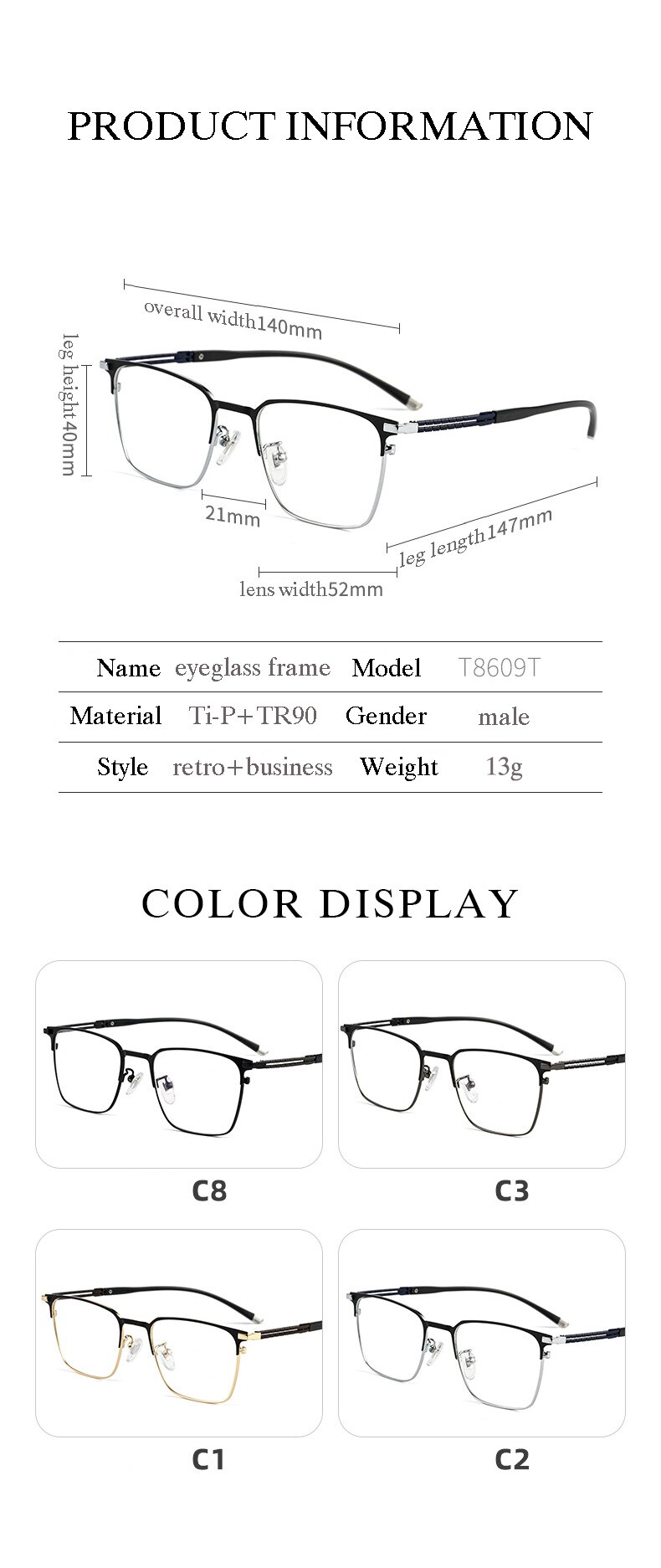 Montura de gafas de titanio puro para hombre, gafas graduadas de , a la , estilo de negocios, T8609T