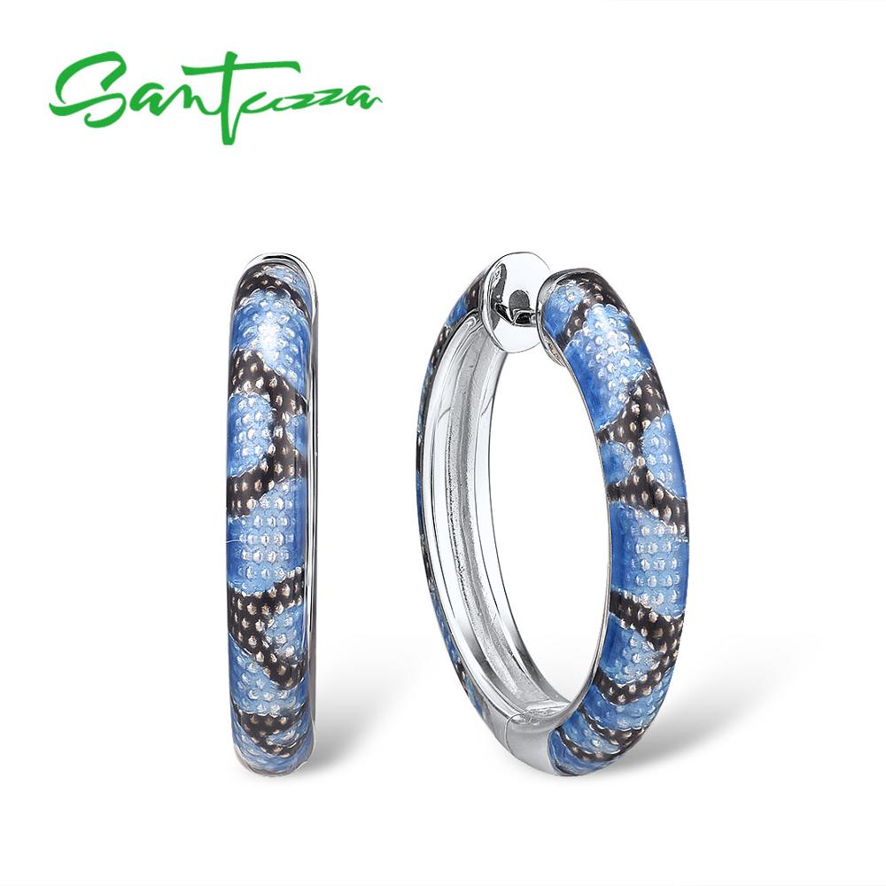 SANTUZZA 925 boucles d'oreilles en argent Sterling pour femmes délicat bleu gris émail serpent veines cerceau boucles d'oreilles Chic Fine bijoux Handamde: Blue Color