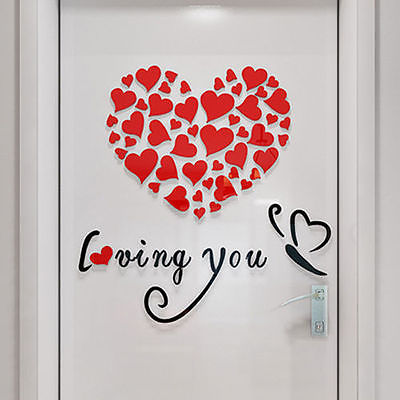 Ensemble Salle De Mariage Beauté Romatical Amour Coeur DIY 3D Miroir Acrylique Stickers Muraux Accueil Porte Art Décor: Rouge