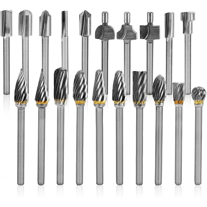 Carbide Burr Set With Rotary Router Bits 20Pcs Die Grinder Bits 1/8Inch Shank Rotary Burr Set For Woodworking,Drilling: Default Title