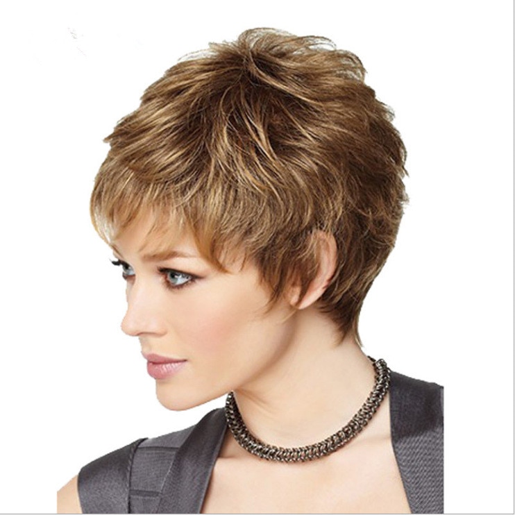 Grillige W Synthetische Gemengde Blonde Korte Pruiken Natuurlijke Bruin Haar Hittebestendige Haar Pruik Voor Vrouwen