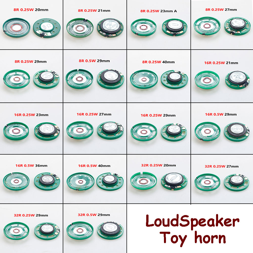 Orador redondo verde 8 16 32ohms, 0.25 watt, 0.25 w, 0.5w, 8r, 16r, 32r, chifre, brinquedo, orador do carro, 20, 21, 23, 27, 29mm, substituição do altifalante, 2pcs