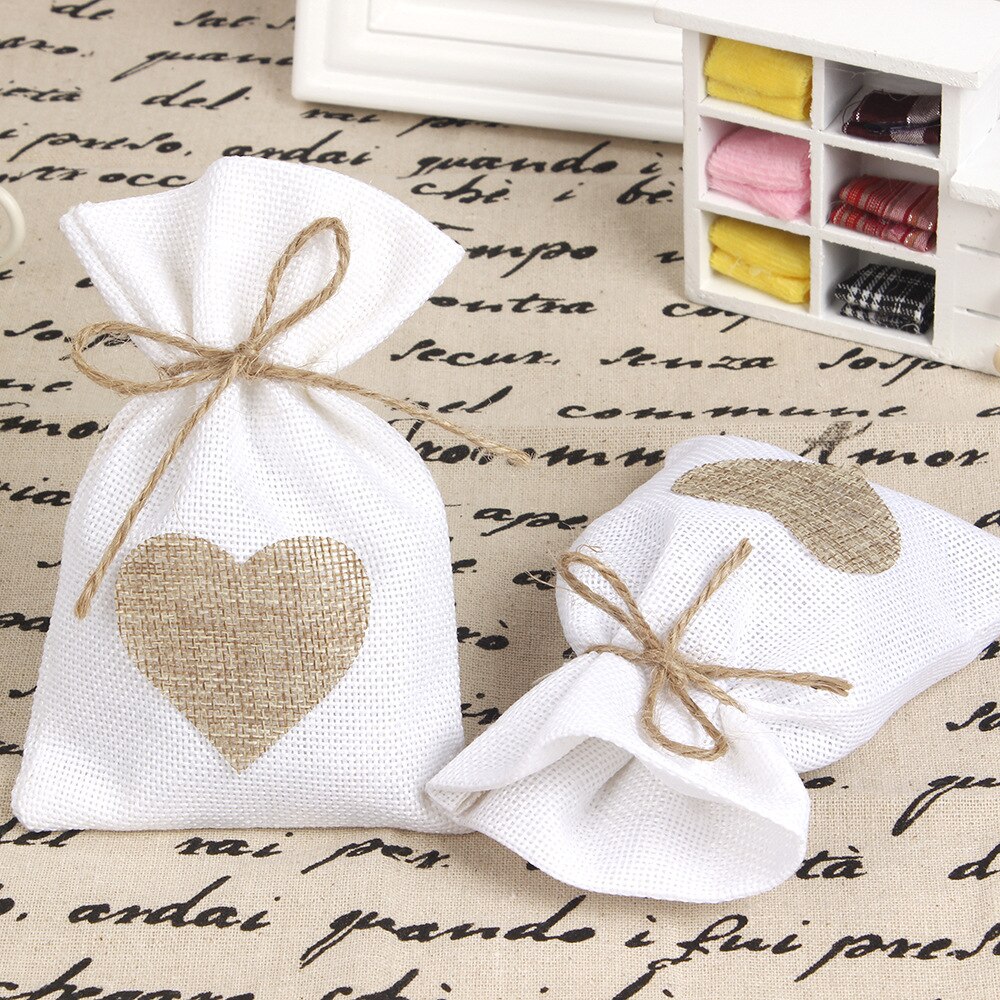 1 PC 10x14CM Hochzeit Taschen Schmuck Tasche modisch Weiß Natürliche Leinen Kordelzug Hochzeit Favor Taschen Beutel herz bilden: Stil A