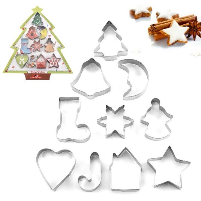 Zilveren Kerstboom Maan Bell Vorm Bakken Tools Biscuit Mold Cookie Cutter Cake Decoratie 10 Stks/set Roestvrij Stalen Mal