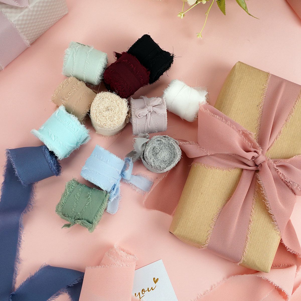 4CM * 5M Nastro di seta chiffon antirughe con bordi sfilacciati fatti a mano per invito a nozze Decorazione da avvolgimento Bouquet da sposa artigianale con frange trasparenti