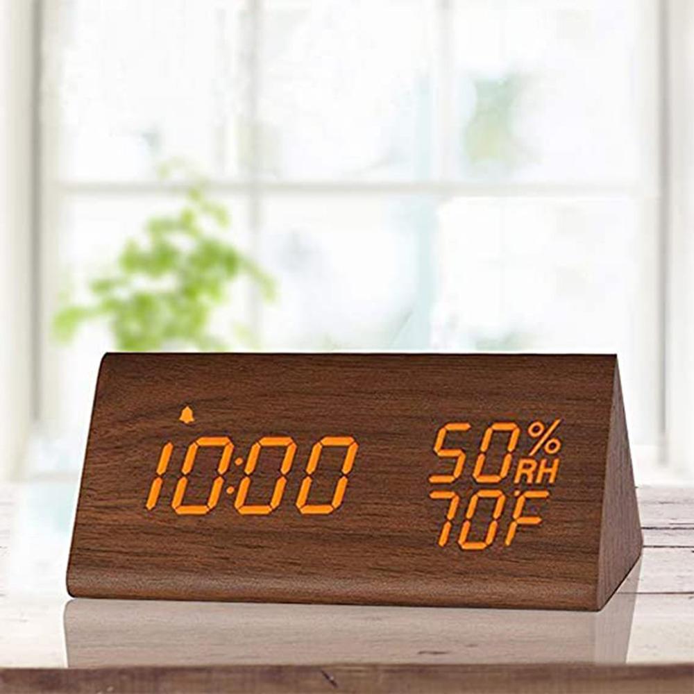 Reloj despertador de humedad y temperatura, reloj Digital triangular para habitación de bebé, de madera, silencioso, luminoso, Led, electrónico