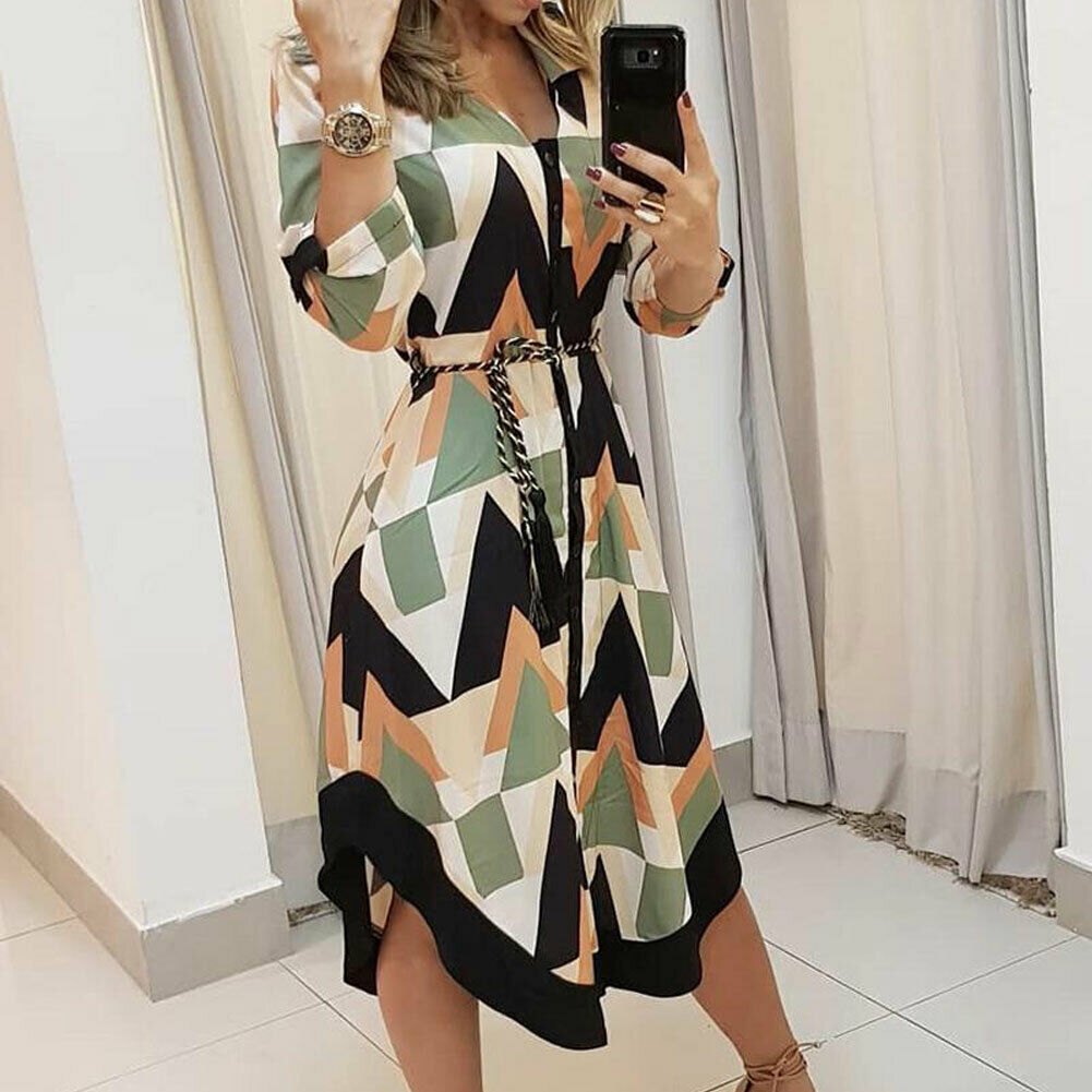 Robe chemise mi-longue à manches longues et col en v pour femme, ample, imprimée ondulée, pour les , printemps et été