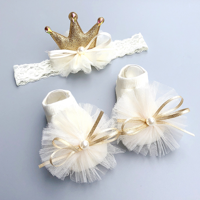 Baby Meisje Sokken Hoofdband Set Kant Bows Pasgeboren Meisje Head Bands Baby Crown Tulband Korte Sokken Peuter Haar Accessoires 3 stks/set